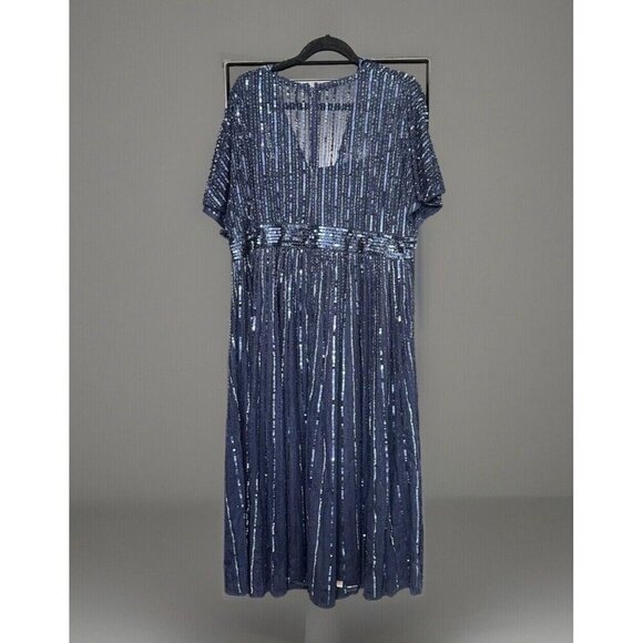 Mac Duggal 14007 Sequined Short-Sleeve Midi Evening Dress Size 18 Midnight - Picture 5 of 10